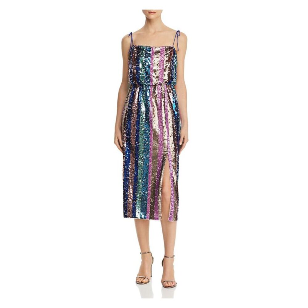 AIDAN MATTOX Womens Blue Spaghetti Strap Below The Knee Fit + Flare Dress 2